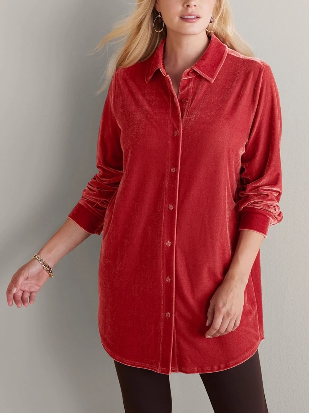 Soft Surroundings Velvet Boyfriend Tunic Shirt in Regal Red Button Down 3X